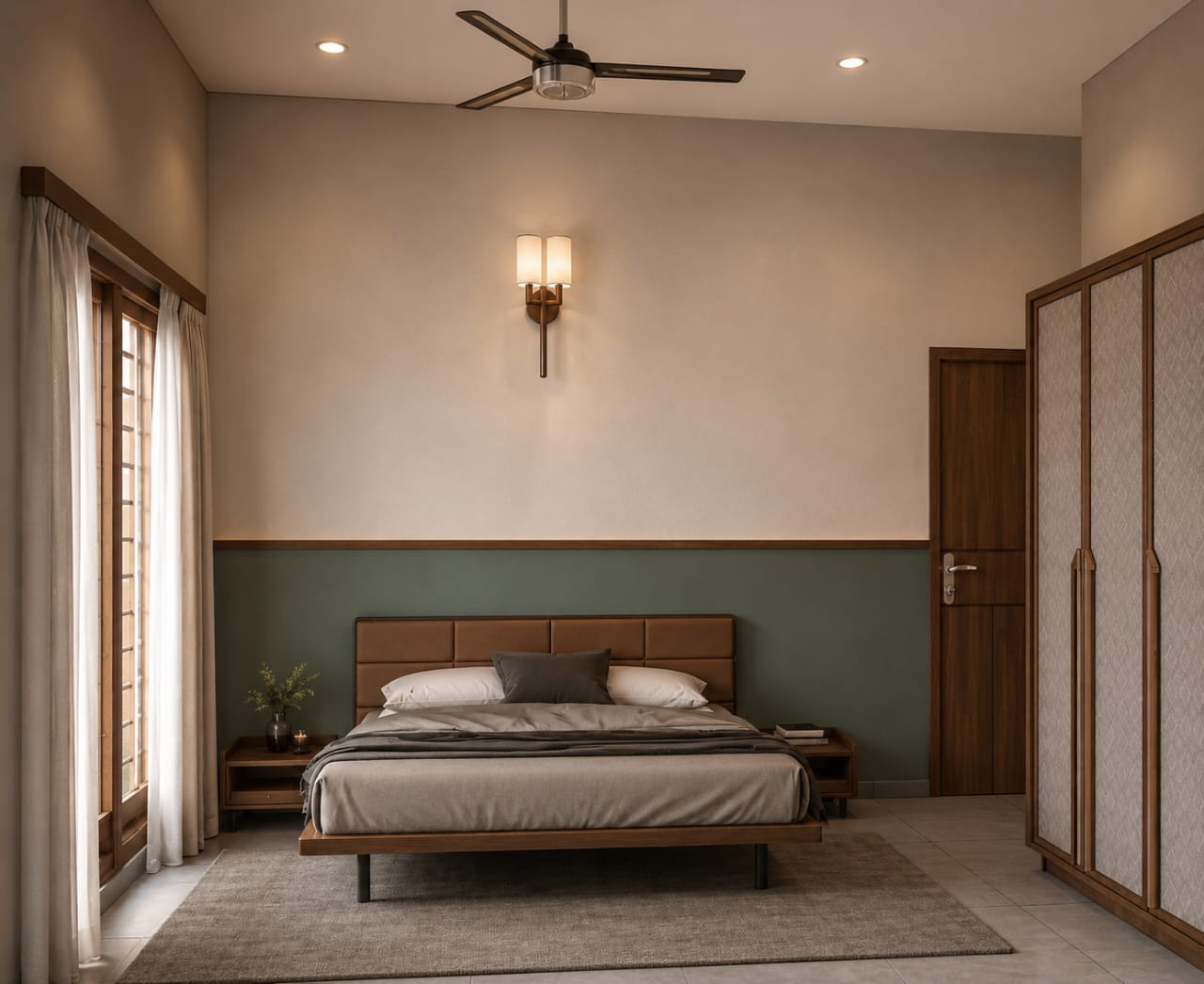 Modern Bedroom with Olive Green Accents by Nuvra Interiors